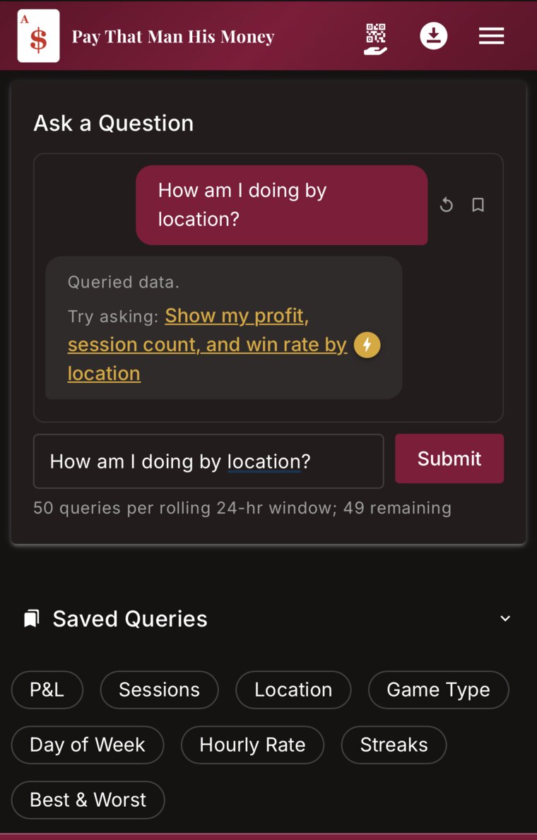 The app's Ask screen on a phone, with the question “How am I doing by location?” typed in plain English