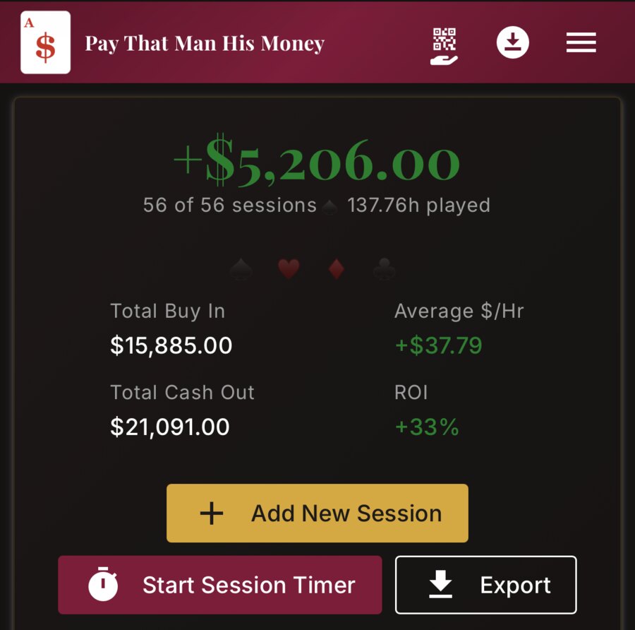 The app's dashboard on a phone: total profit, sessions played, hours, average dollars per hour and ROI